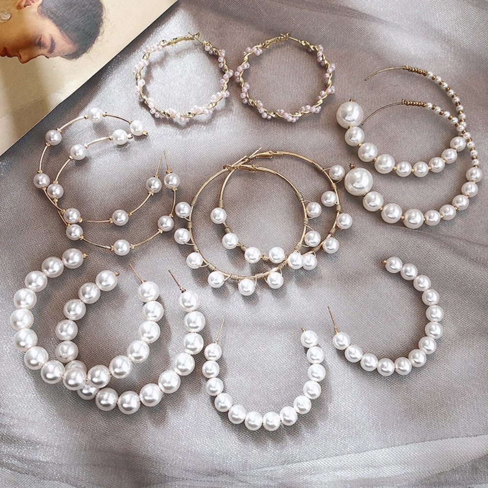 Large Hoop Pearl and Gold Earrings